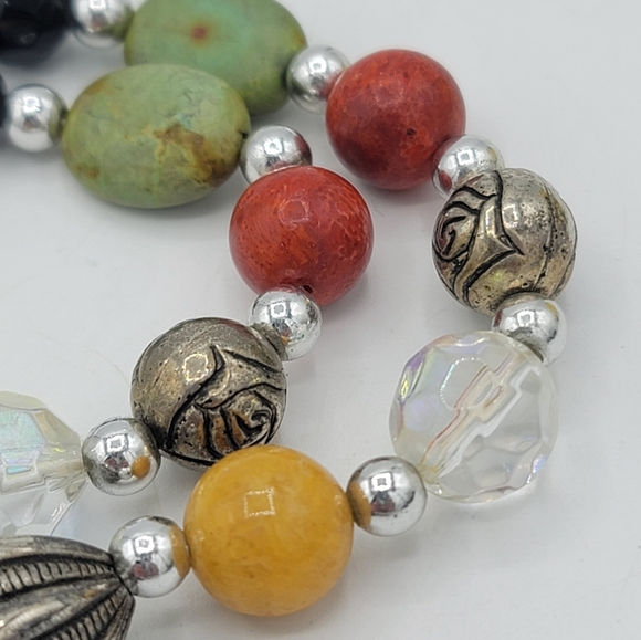 Chunky Beaded Necklace Copal Amber Turquoise Jasper Coral Mixed Metals Vintage - Picture 7 of 15